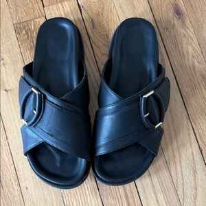 MIA Black Slide Mules with Gold Buckle